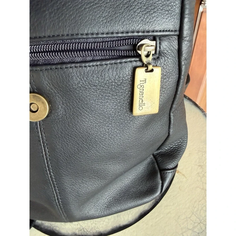 Tignanello Black Leather Sling Backpack Day Pack Handbag Purse Adj Strap
